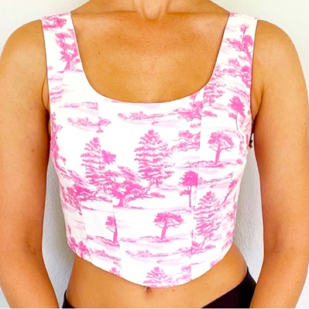 Midnight Sky Linen Blend Pink & White Toile De Jouy Cropped Corset Top